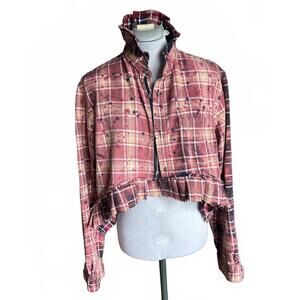 OOAK Upcycled Cropped Flannel – Ruffle Hem & Collar, Paint-Splattered Plaid